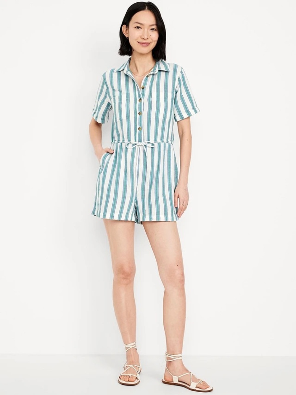 Old Navy Green and White Striped Crinkle Gauze Button-Down Romper size XL NWOT